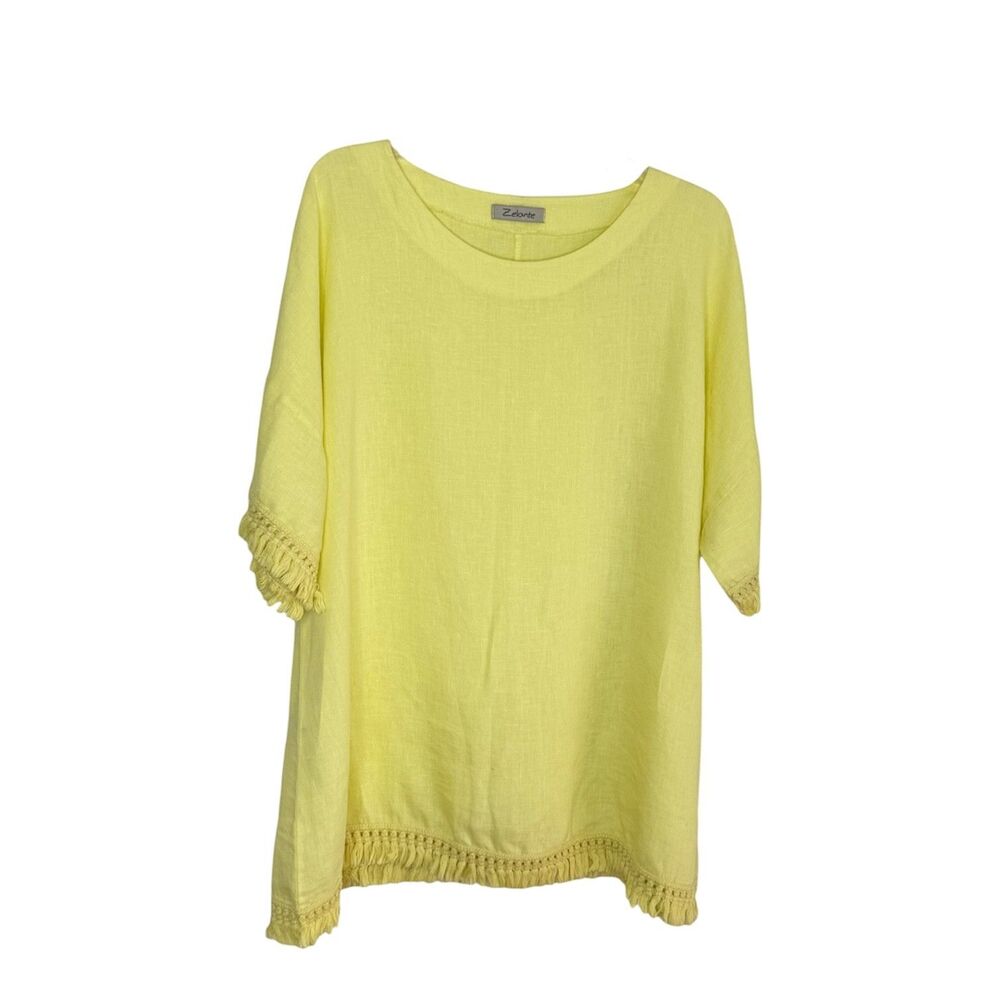 Zelante Italian Linen Tunic Blouse Women's Plus 1X Tasseled Minimal Lagenlook